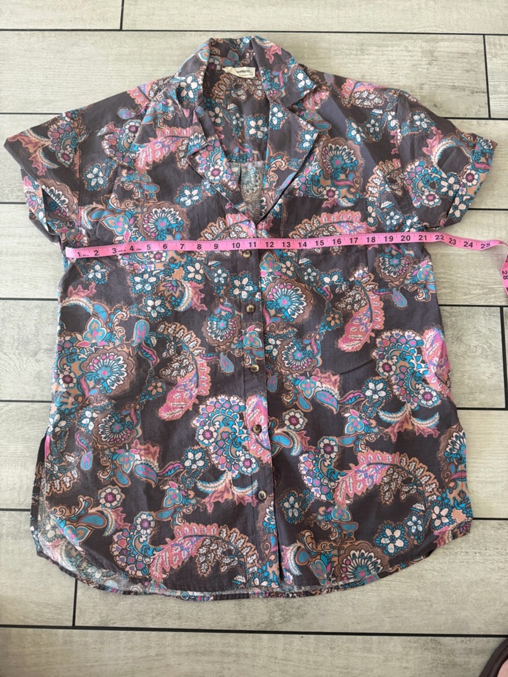 We The Free Brown Paisley Short Sleeve Button-Down with Pink & Teal Accents